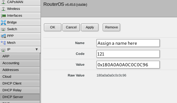 Give your static route a useful name, use 121 to signify a static route to RouterOS, and input your hex value